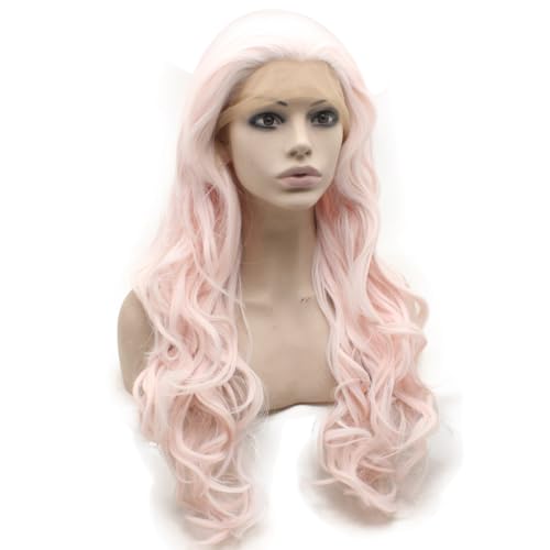 MX Angel Long Wavy Light Pink Lace Front Synthetic Wig Half Hand Tied for Cosplay & Party