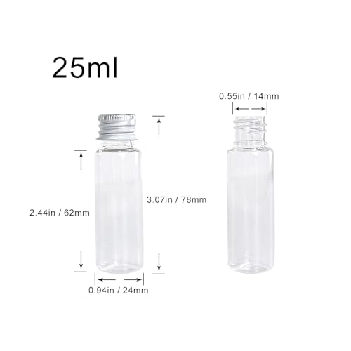 100pcs Clear Plastic Bottle With Aluminium Screw Cap Tiny Jars Cosmetic Container Travel Kit Empty Refillable Bottles Jars 25ml