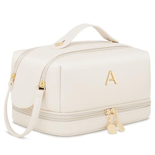 Initial Makeup Bag Travel Toiletry Bag for Women - Beige | Personalized Gift