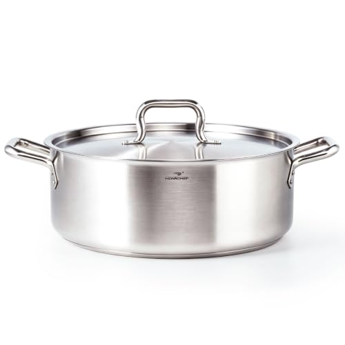 HOMICHEF 15 Qt Braiser Pan with Lid - Nickel Free Stainless Steel, 3-Ply Base, Matte Finish (Silver)