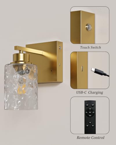 Hammered Glass Wireless Wall Sconces Set of Two Gold with Clear Shades - Rechargeable Battery Operated