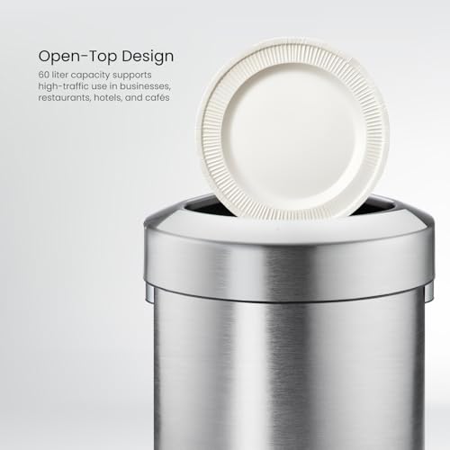 Commercial 16-Gallon Stainless Steel Trash Can with Open Top Lid - Brushed Silver, Triangular