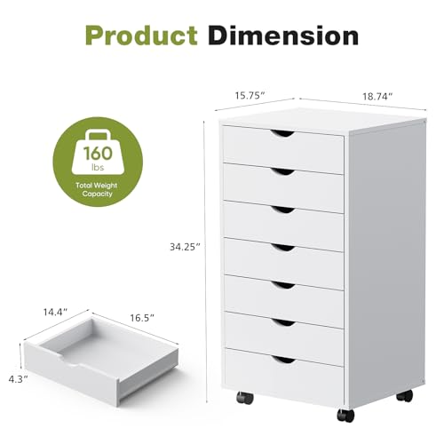 White 7-Drawer Rolling Storage Cabinet - Mobile Wood Dresser for Home & Office