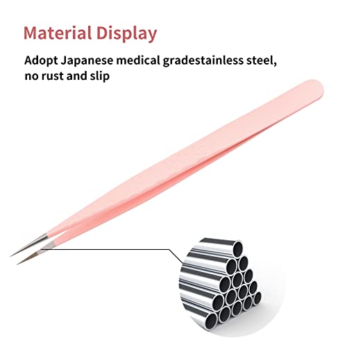 FADLASH Precision Lash Tweezers - Straight Fiber Tip Eyelash Extension Tweezers - Professional Artist Tech Work Kit - Pink