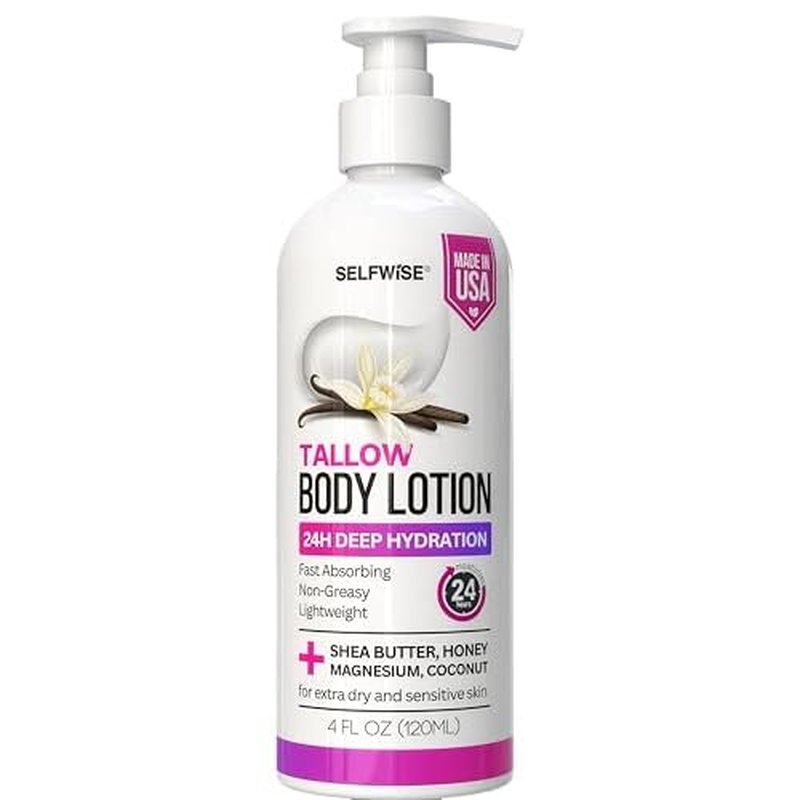 Beef Tallow Body Lotion with Magnesium & Shea Butter - Lightweight, Fast-Absorbing Body Cream with Avocado Oil & Vitamin E - Non-Greasy Moisturizer for Dry, Sensitive Skin - Daily Hydration, 4oz