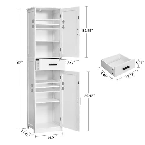 Tall Bathroom Cabinet - White, 67 Inch Storage Closet with 4 Shelves & 2 Doors