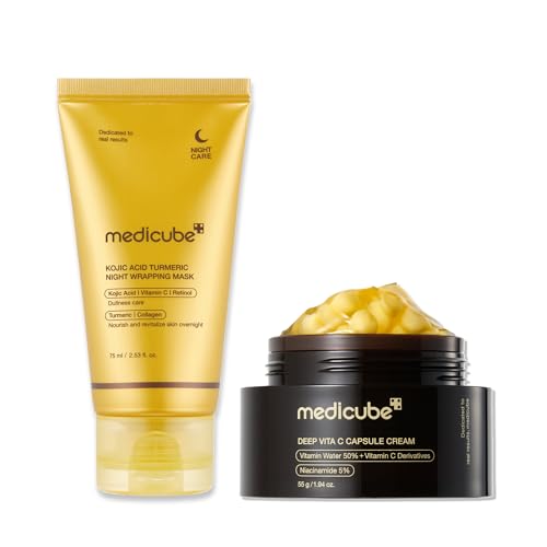 medicube Glass Skin Refining Duo at Night: Deep Vitamin C Golden Capsule Face Moisturizer and Turmeric Overnight Wrapping Peel Off Mask 2.0