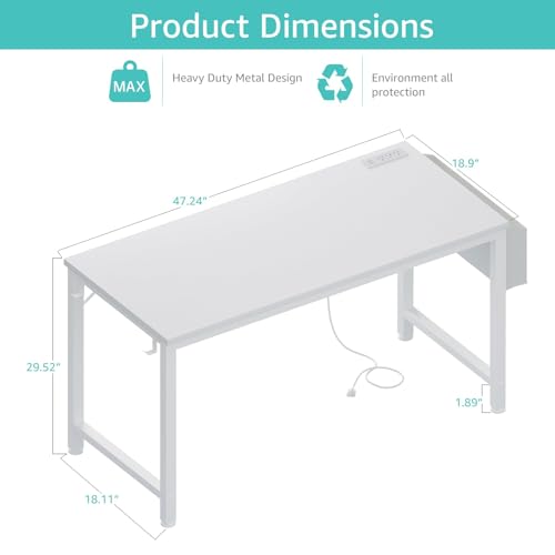 White Computer Desk with Power Outlet and USB Charging Station - 47.2 Inch Teen Study & Gaming Table