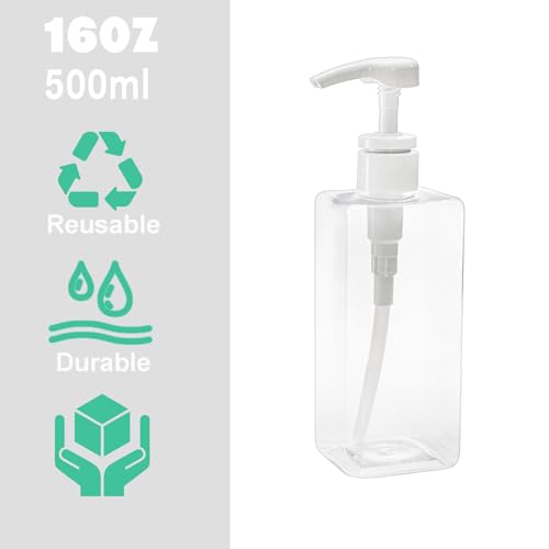 Okllen 12 Pack 16 Oz Plastic Pump Bottles, Empty Refillable Container Liquid Soap Dispenser for Shampoo, Lotion, Cleaning Products, Kitchen, Bathroom, Clear Square