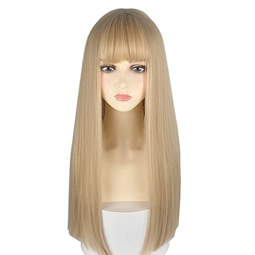 White Gold 23-Inch Straight Synthetic Wig for Women with Bangs - Cosplay & Party Hair