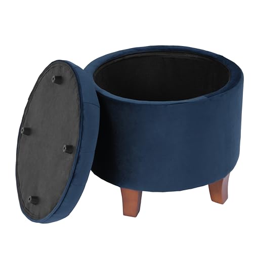 HomePop 19-Inch Velvet Button Tufted Round Storage Ottoman - Navy Blue