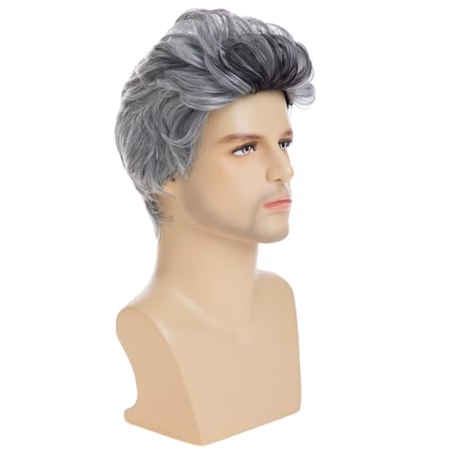 Men's Grey Wavy Wigs - Heat-Resistant Synthetic Party Halloween Cosplay Hair