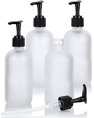 8 oz Frosted Glass Boston Round Bottle with Black Lotion Pump - 4 Pack
