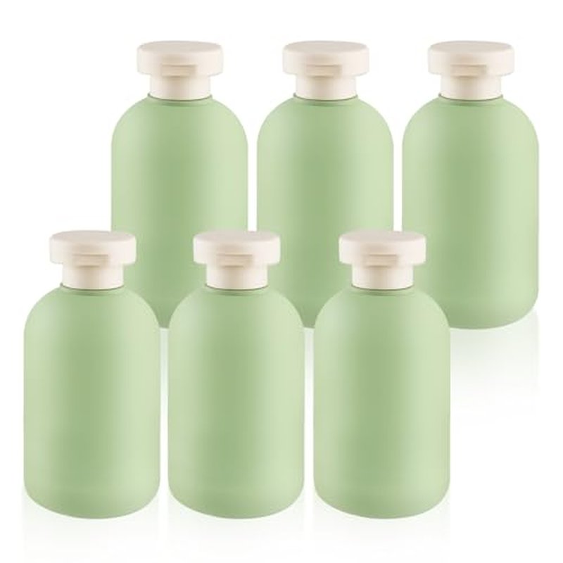 6 Pack 6.7 oz/200ml Plastic Travel Shampoo Bottle,Empty Refillable Squeeze Bottles with Flip Cap,Lotion Container for Cream,Toiletries,Conditioner-Free Silicone Funnel (Green)