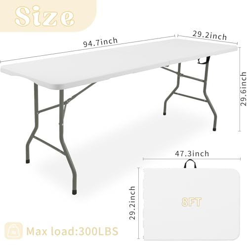 Heavy Duty 8ft Folding Outdoor Dining Table - Portable White Plastic with Steel Legs