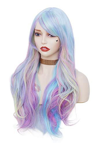Rainbow Colorful Wavy Wig for Women 26 Inch Synthetic Cosplay & Party Hair