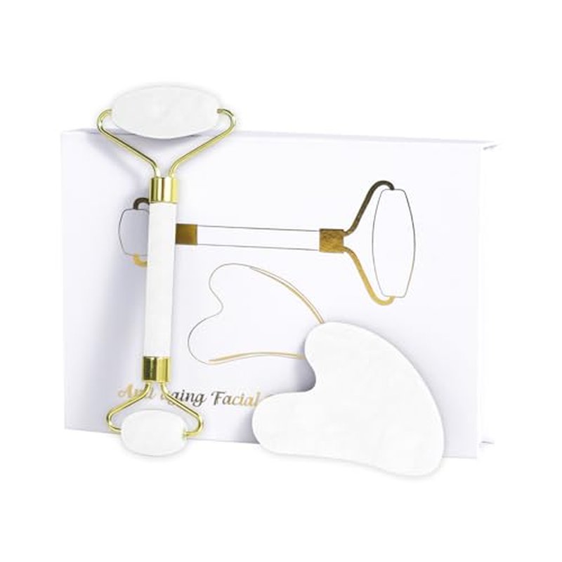 Jade Roller Gua Sha Tools - Nature Gua Sha Facial Tool Skin Tightening Face Massager Anti-Aging Jade Face Roller Puffiness Reducing Guasha Stone for Women Men (White)
