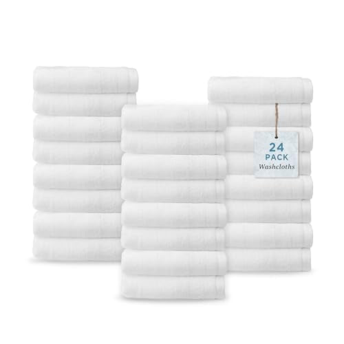 WelHome James 100% Cotton Textured Stripe Towels - 24 Pack Washcloths, Soft & Absorbent, White