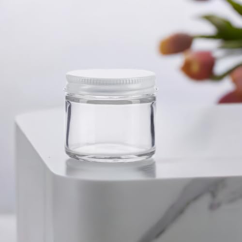JUVITUS (6 pack) 2 oz / 60 ml Clear Thick Glass Jar with White Metal Airtight Lid