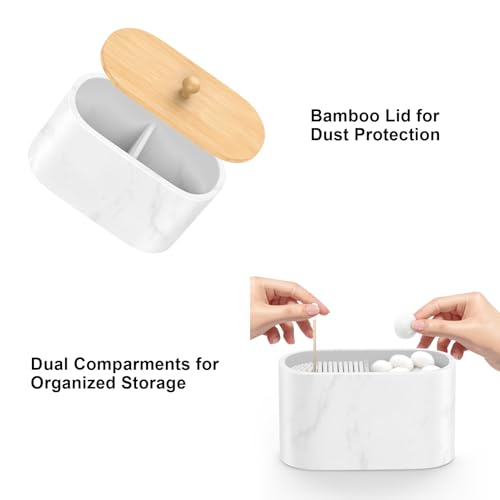 Cotton Swab Holder, Round Cotton Pads Balls Qtip Holder Dispenser with Lid, 2 Compartments Qtips Holder, Tampoms Period Box Bathroom Organizers Storage Bin Floss Dispenser Vanity Cosmetics, White