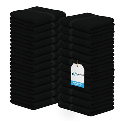 Avalon Towels Cotton Washcloths 24-Pack ? 12 x 12 Inch Black Super Soft & Absorbent Ring-Spun Cotton Wash Cloths for Face, Bath, Spa, Gym, Hotel & Cleaning