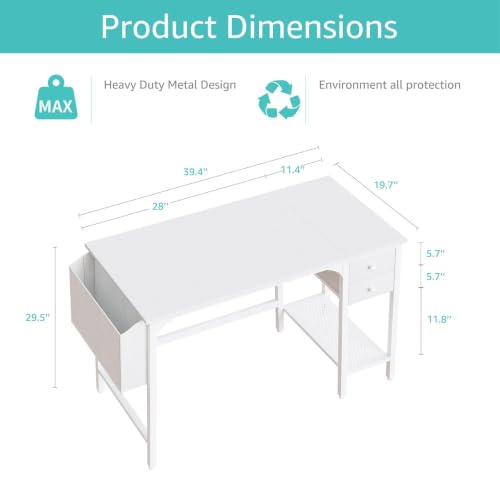 Lufeiya White Small 39.4-Inch Computer Desk with Drawers for Home Office