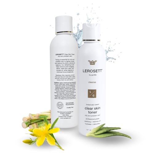 LEROSETT Toner for Clear Skin, Aloe Vera Based Toner with Glycolic Acid & 10 Calming Botanicals Helps Reduce Irritation, Future Blemishes, Blackheads, and Tightens Pores, Natural, Vegan - 6.7 oz