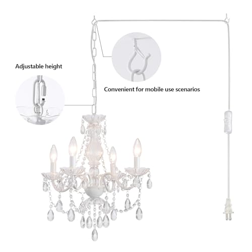 AMZASA Plug-in White Crystal Chandelier 4-Light Pendant Light for Kitchen & Dining – Adjustable Height, Easy Assembly