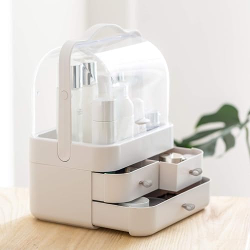 Radiant Youth Makeup Organizer, Modern Cosmetic Organizer Makeup Storage Holder, Display Make up Caddy Shelf Organization Boxes Case Dustproof w/Handle and Drawer on Countertop