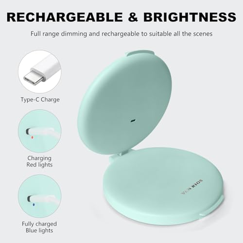 7 Inch Rechargeable Folding Double Sided Makeup Mirror with Lights - Cyan