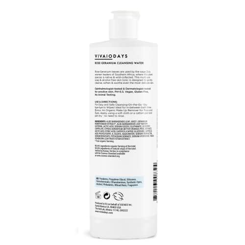 VIVAIODAYS Organic Rose Geranium Cleansing Water -Quick Clean up for Baby & Gentle Makeup Remover ((15.2 oz | 450 ml Large))