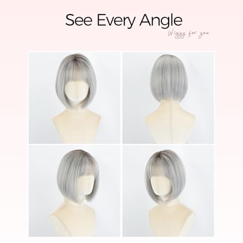 Grey Short Straight Synthetic Wigs for Women - 12 Inch Bob, Glueless, Heat-Resistant, Natural Look - Variation: Grey