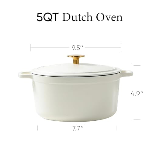 Dutch Oven Pot with Lid - 5 Qt Cream White Enameled Cast Iron Cookware
