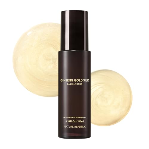 Nature Republic Ginseng Gold Silk Facial Toner, Hydrating Glow Toner, Niacinamide & Silk Amino Acid, Royal Jelly Extract, Holiday Gifts, Korean Skin Care for All Skin Types 130 ml / 4.39 Fl. oz.