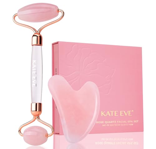 Rose Quartz Facial Roller & Gua Sha Set for Skin Massage and Puffiness Relief