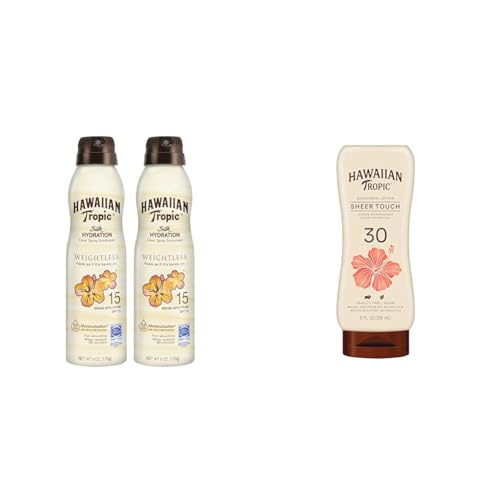 Hawaiian Tropic Weightless Hydration Clear Spray Sunscreen SPF 15 Twin Pack 6oz each & Sheer Touch Ultra Radiance Lotion Sunscreen SPF 30 8oz