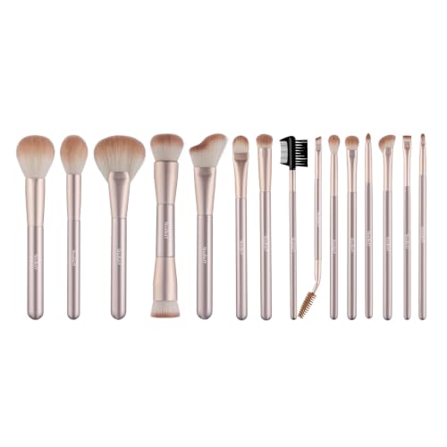 Makeup Brush Set - 15-Piece Face & Eye Cosmetic Tools in Champagne Gold