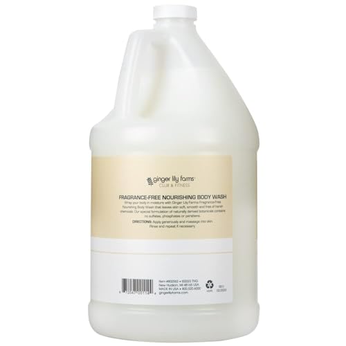 Ginger Lily Farms Club & Fitness Nourishing Body Wash, 100% Vegan & Cruelty-Free, Bath & Shower Gel for Men and Women, Fragrance Free, 1 Gallon (Pack of 4)