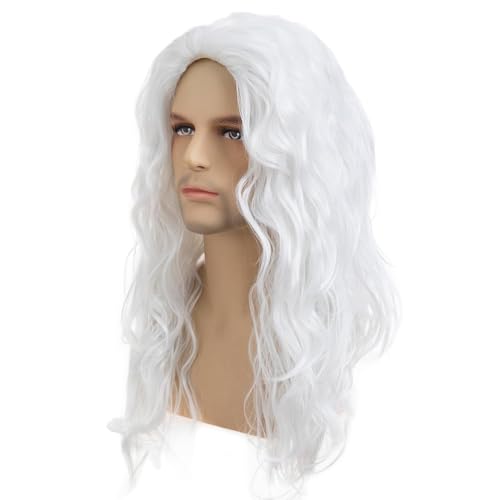 White Long Curly Wavy Costume Wig - Heat Resistant Synthetic Hair for Men & Women - Sallcks