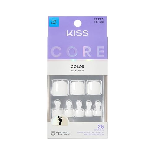 KISS CORE Color Press On Toenails, Toe-tally Yours, White, Squoval, 26 Count