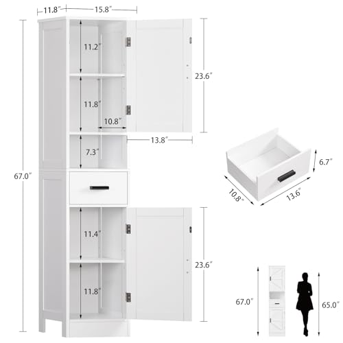 White Tall Bathroom Storage Cabinet with Barn Doors and Drawer - 67 Inch