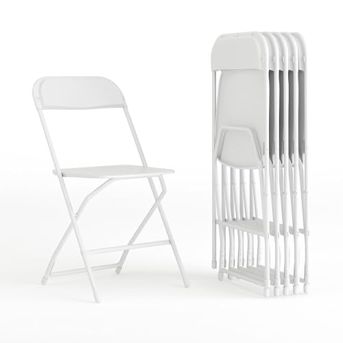 White Plastic Folding Chairs Set of 6 - Heavy Duty Stackable Event Seating