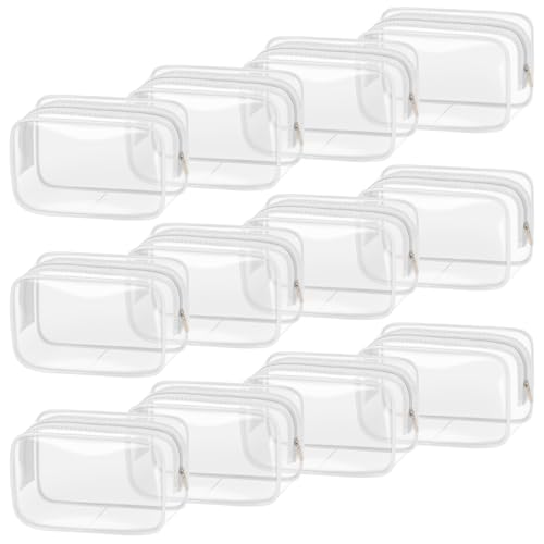 TISRATOK 12 PCS Clear Makeup Bag for Women with Zipper, TSA Approved Toiletry Pouch, Cosmetic Bag Bulk for Travel Organizer Essentials - White,Small