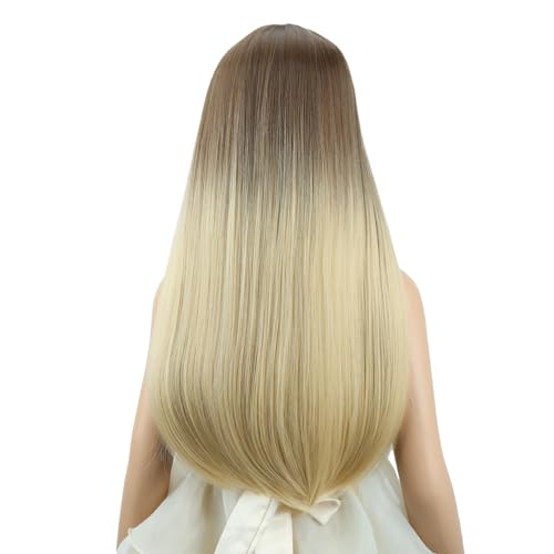 Edivd Girls Brown Ombre Blonde Long Straight Wig for Kids - Heat Resistant Synthetic Hair with Cap