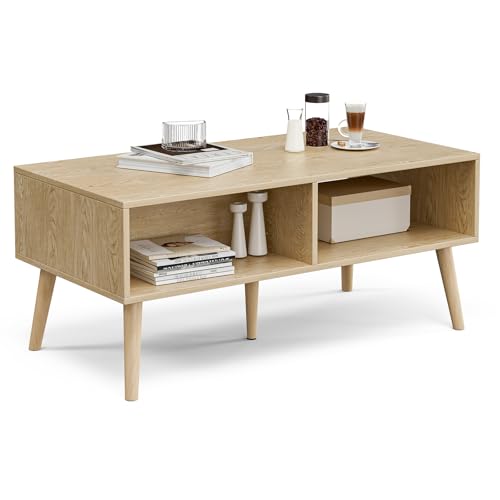 Oak Rattan Coffee Table with Drawer - Boho Natural Finish, Rustic Style