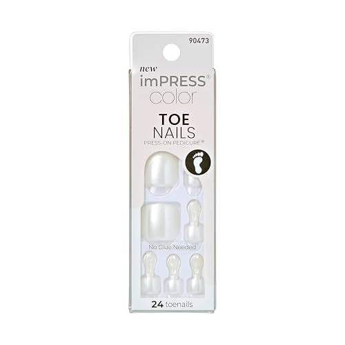 KISS Impress Color No Glue Pedi 30 Pcs Press on Toenails, White Glitter Stick on Extension False Nails for Toes, Peel & Press Easy Apply, Hassle-Free Removal, Includes Manicure Stick, Prep Pad & File