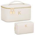 Beige Personalized Initial Travel Makeup Toiletry Bag Gifts for Women - K