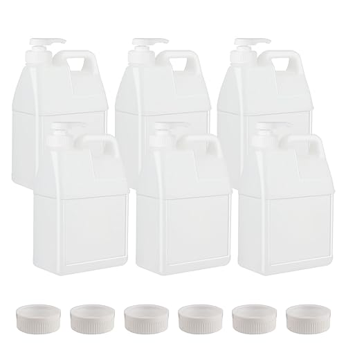 6 Pack 64 oz Clear Plastic Jugs with Pumps, Camping Water Jug Storage Containers with Ergonomic Handle, HDPE Containers Soaps (0.5 Gallon With Pump)