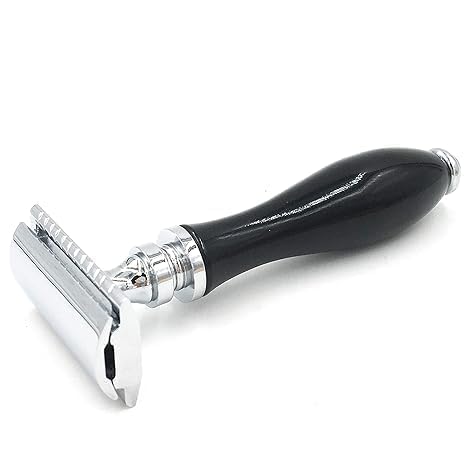 Safety Razor with Ebony Handle & 5 Double-Edge Blades - Classic 3-Piece Design