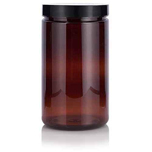 JUVITUS 32 oz Large Amber PET Plastic (BPA Free) Refillable Empty Jar with Black Smooth Foam Lined Lid (6 pack)